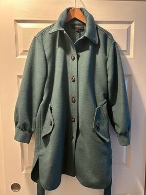 Ann Taylor Teal Button-Front Wool-Blend Trench Coat